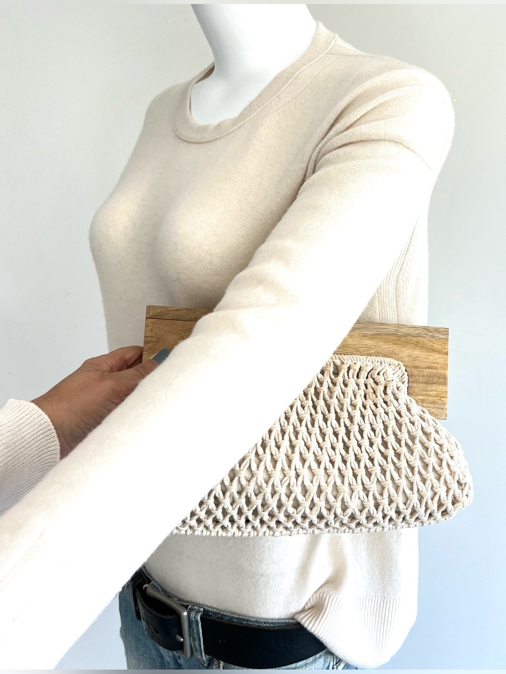 A NEW DAY Cream Macrame Crochet Woven 100% Cotton Wood Handles Handbag Clutch
